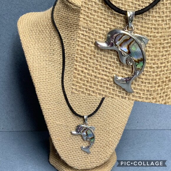 Dolphin Pendant Necklace 18 In Silver Mother of Pearl Rainbow Inlay Black Cord - Picture 6 of 6